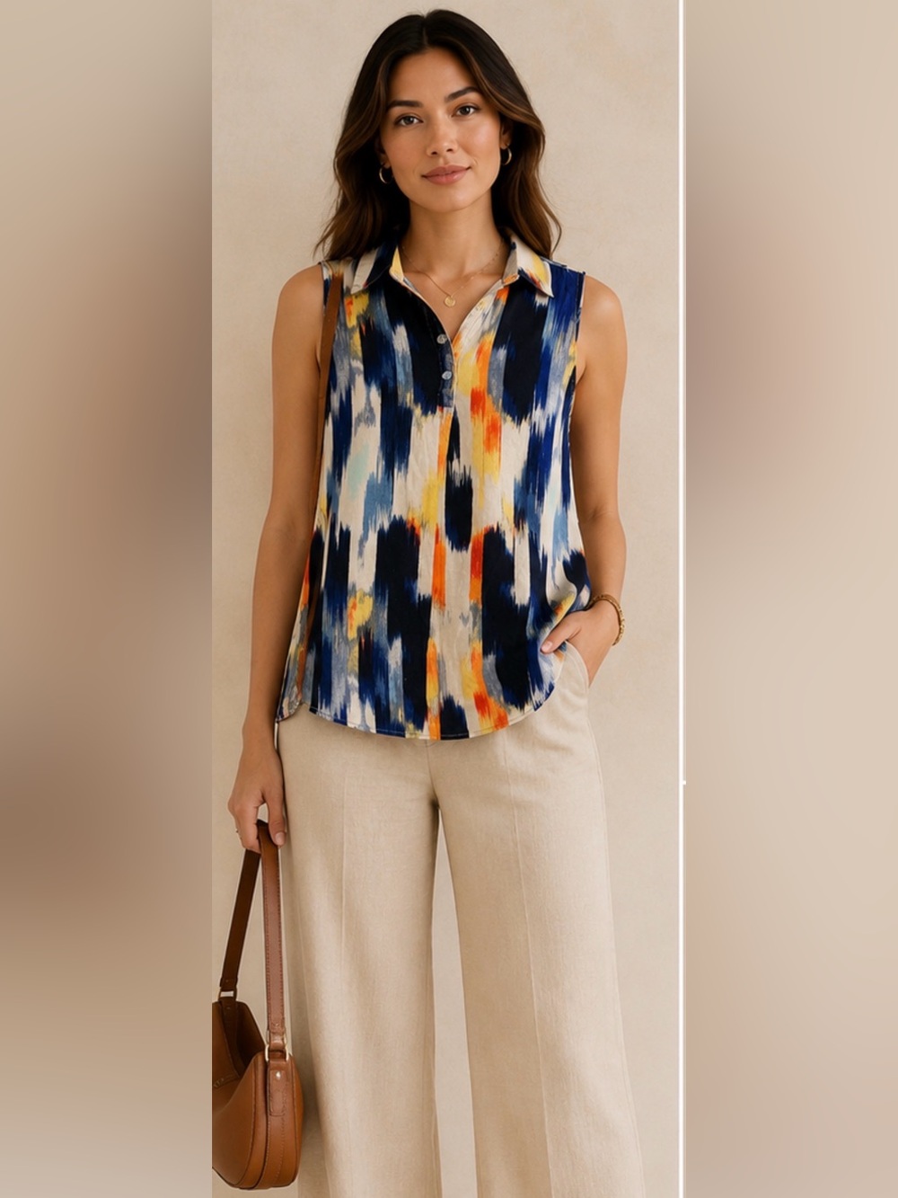 For Cynthia‎ Linen Blend Abstract Print Sleeveless Blouse L